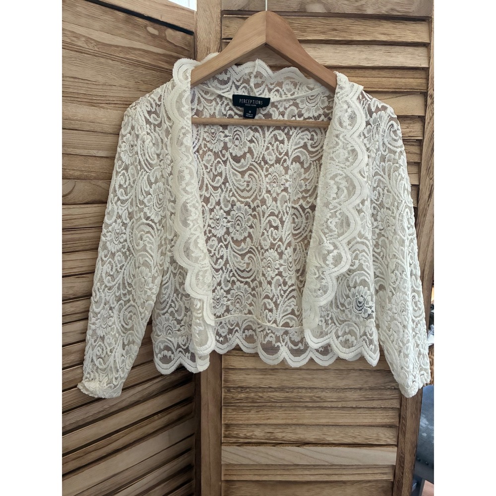 Perceptions New York Ivory Lace Bolero Shrug Cropped Cardigan Y2K Scalloped M